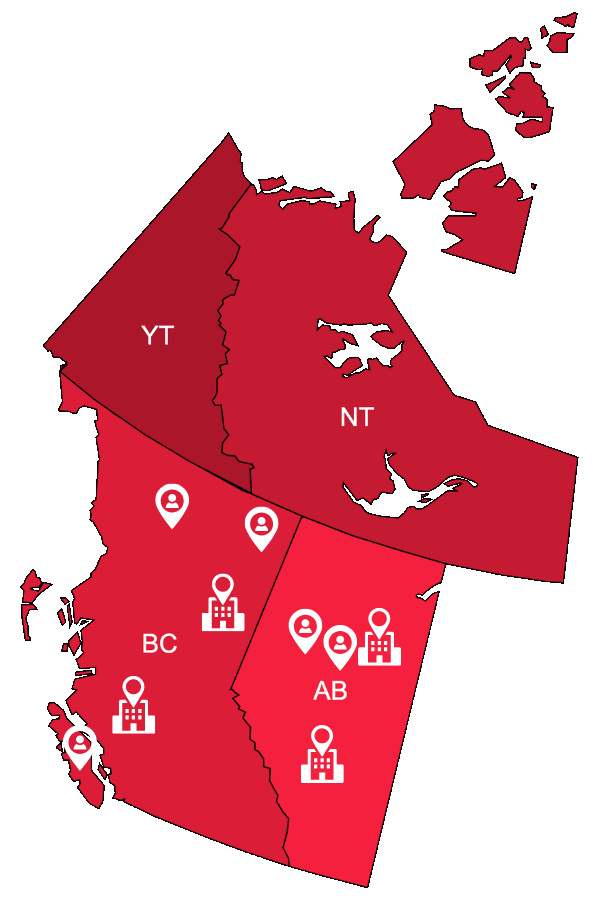 Map showing that Wiseworth services all of BC, AB, YT, and NT.